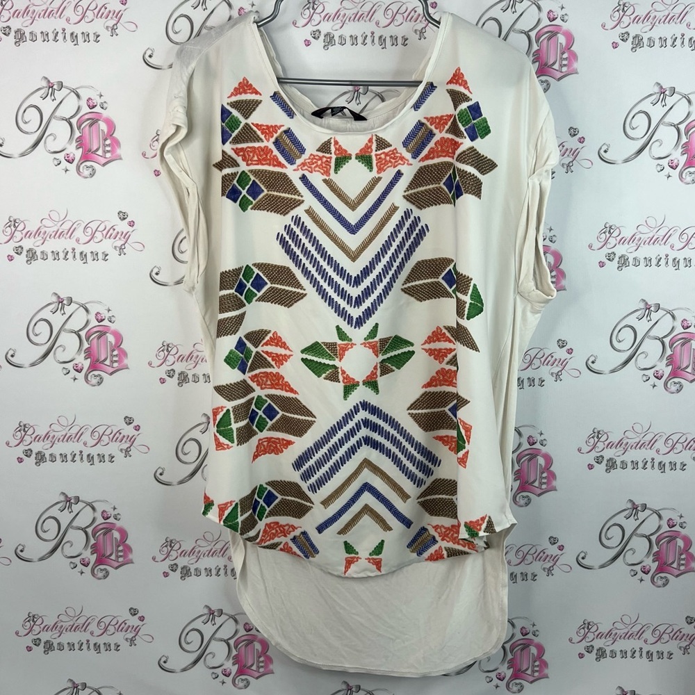 Catherine Malandrino indigo Aztec boho tshirt Multicolor Geometric Blouse